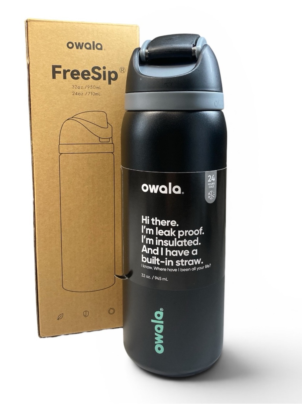 New Owala 32oz Black FreeSip  Built in Straw Water Bottle Tumber